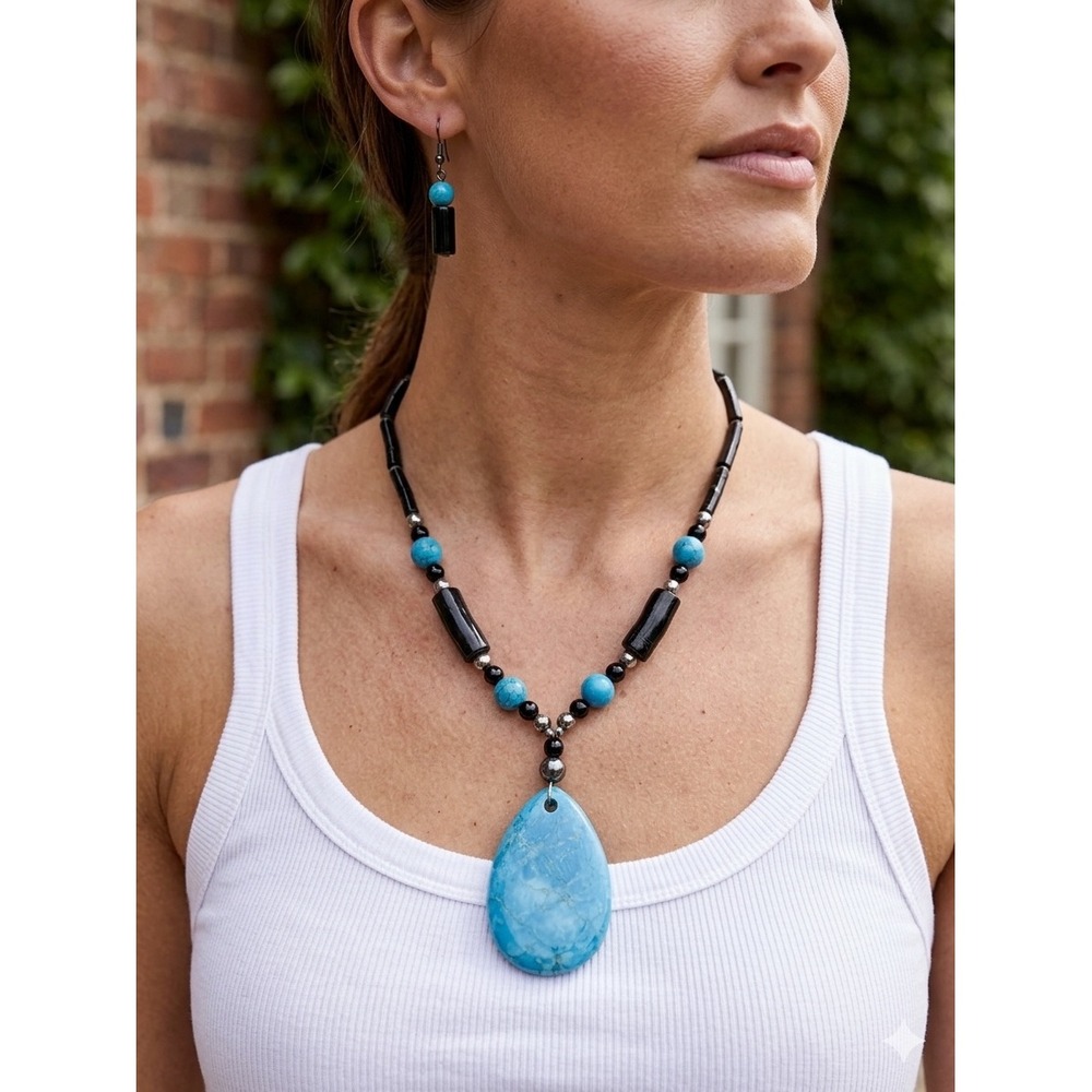 Southwestern Blue Teardrop Pendant Necklace & Dangle Earrings Set Boho Chic‎
